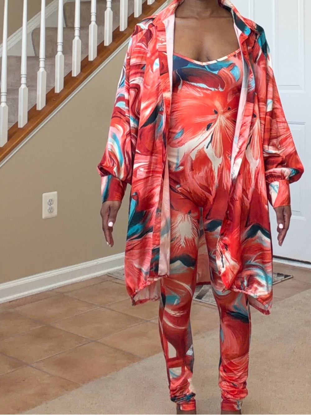 Vibrant Red Floral Jumpsuit & Duster Set